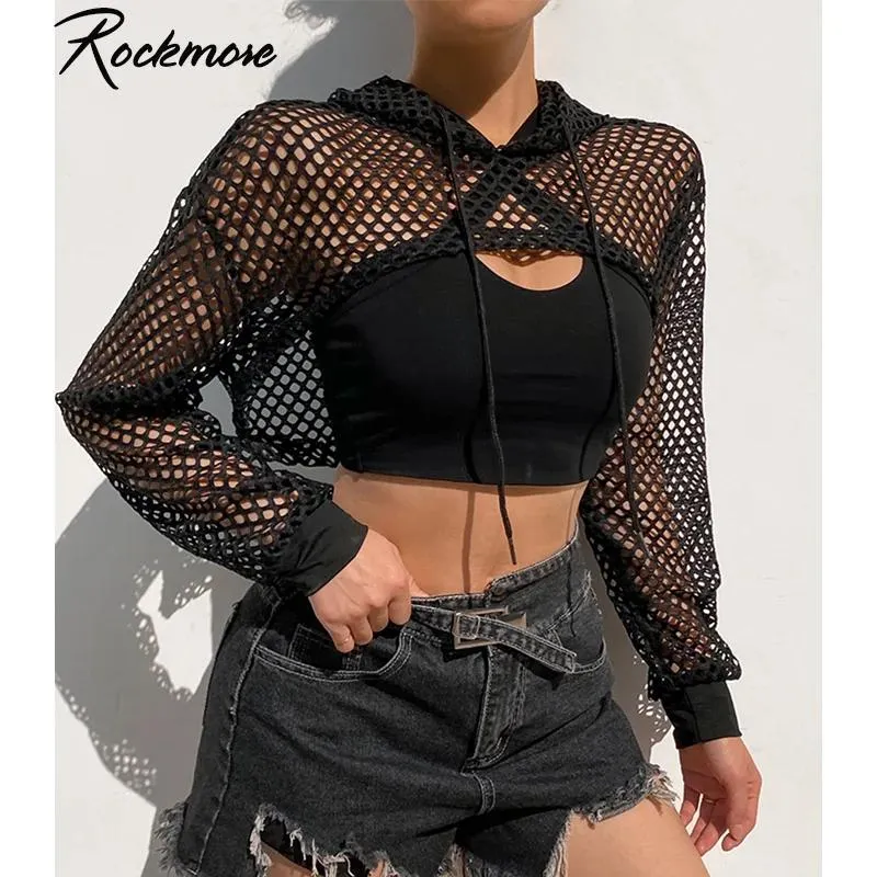 T-shirts Rockmore Sexy Black Mesh Fishnet Top Women's Tshirt Se genom Smock Long Sleeve Tshirts Croped Top Tee Shirt Streetwear 2021