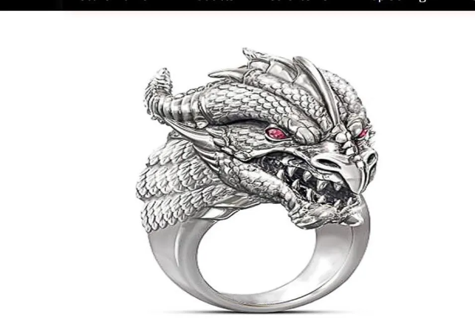 Bague tête de dragon sculptée de luxe avec des yeux rouges pour hommes Style Punk Vintage bague masculine bague de fête hommes anneaux bijoux animaux 4341463