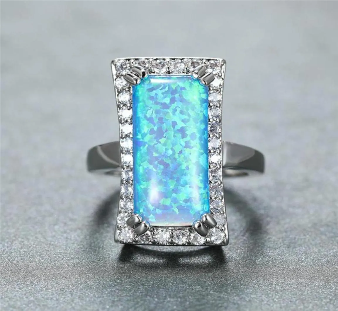 Eheringe Vintage Silber Farbe Ring Große Rechteck Stein Verlobung Niedliche Weibliche Weiß Blau Feueropal Für Frauen Schmuck1712224