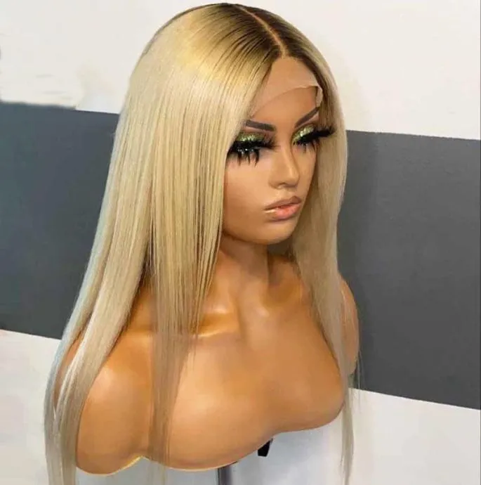 Syntetyczne peruki Ombre Blonde 180 Gęstość o długości 26 cali prosta koronkowa peruka dla czarnych kobiet z dzieckiem naturalną linią włosów poświatą 613075949