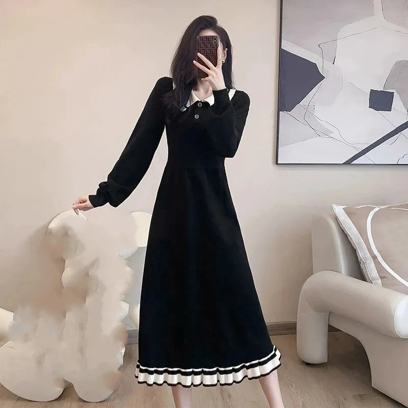 Fransk vintage svart tröja klänning för kvinnor lyxig hösten vinterklänning koreansk stil inner midi stickad klänning 231226