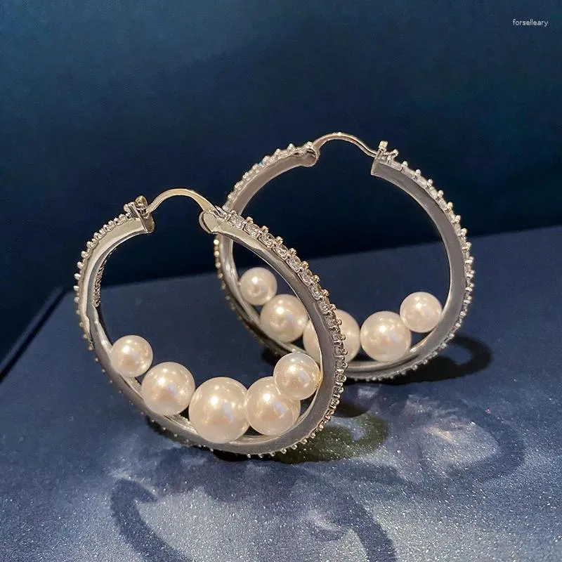 Boucles d'oreilles pendantes couleur argent, perle en Zircon cubique, tendance, grand cercle, forme ronde pour femmes, bijoux, cadeau pour amis, fête de mariage, 2023