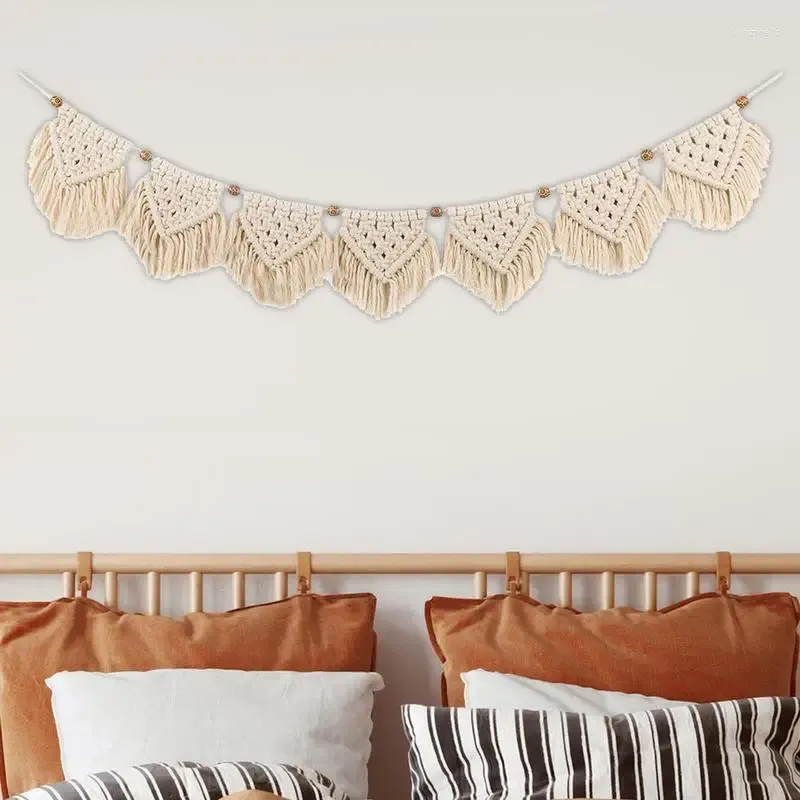 Figurines décoratines Macrame Garland Banner avec perle en bois suspendu tapisserie à main tissé boho fond de maison décoration art