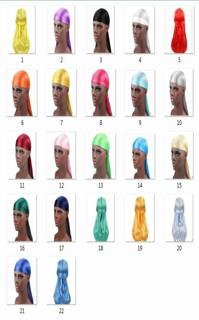 2019 Selezione di 22 colori Men039s Satin Durags Bandana Turbante Parrucche Uomo Silky Durag Copricapo Fascia Cappello da pirata Accessori per capelli5117633