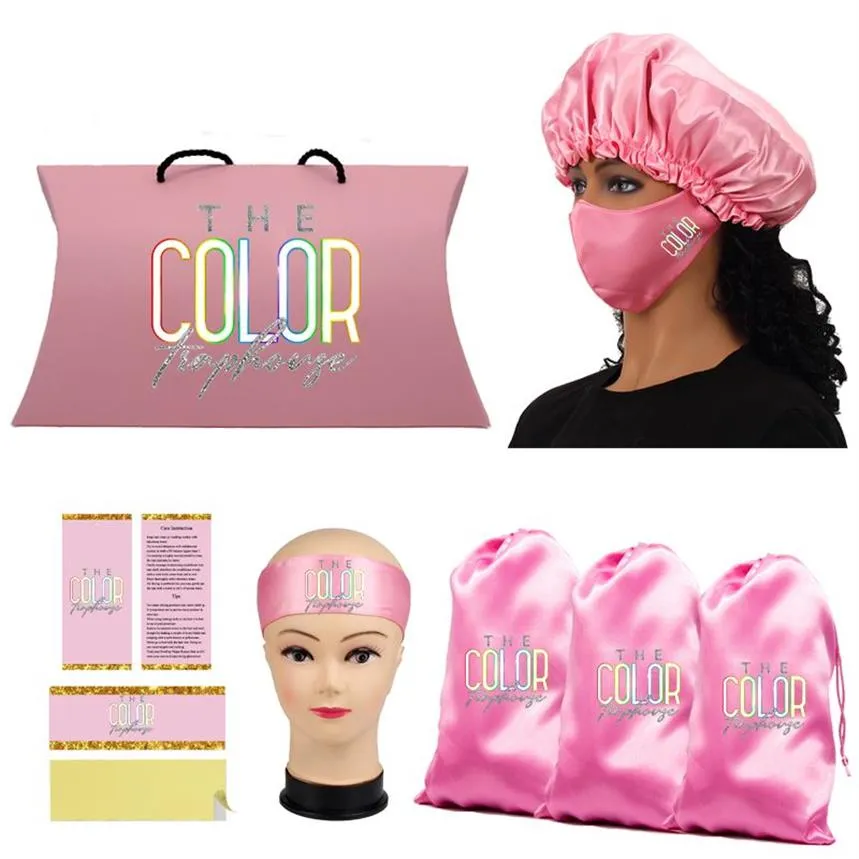 Set di parrucche con logo personalizzato Pacchetto di capelli vergini Confezione maschera di raso Borse in raso Hang Tag Bundle Avvolge Cofani Fascia per capelli288C