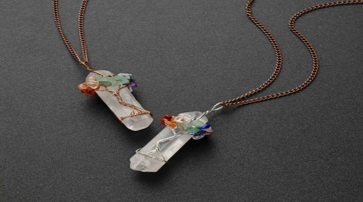 Chakra Gemstone Tree of Life Pendant Wire Wrapped Natural Clear Quartz Healing Crystal Point Necklace Mother039s Day Gift1838410