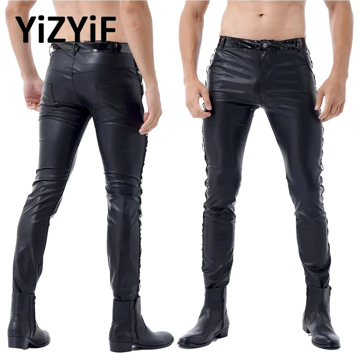 Pantalon en Faux cuir pour hommes, noir, Punk gothique, Look mouillé, collant de motard, extensible, Leggings de scène en Club, 231225