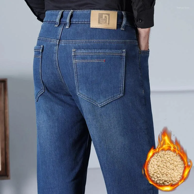 Herenjeans Winterfleece Klassieke zakelijke losse rechte dikke warme broek Mannelijke merk Casual pluche denimbroek