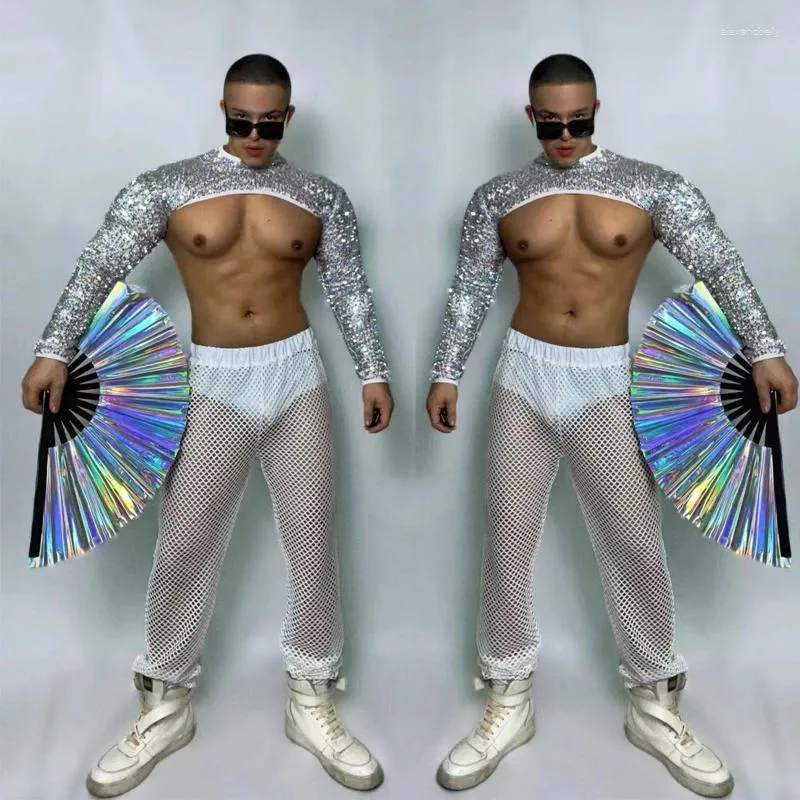 Scene Wear Muscle Man Pole Dance Clothing Gogo Costume Silver Sequins Top Mesh Pants Festival Men Rave Outfit Clubwear XS5052