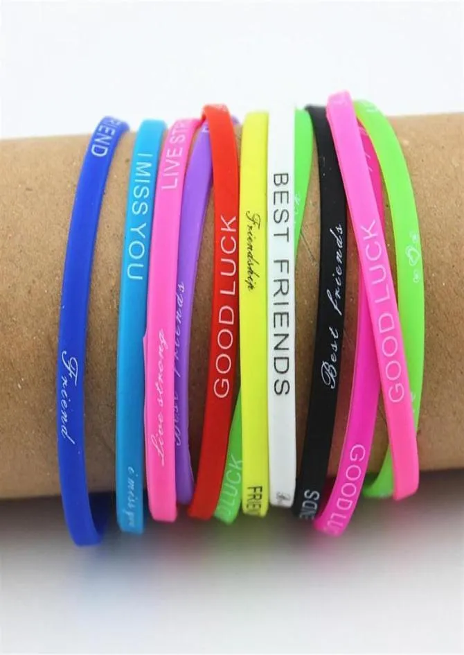 LOT 100 pièces mélange de couleurs lettres imprimer Bracelet en silicone Bracelet 5mm élastique en caoutchouc Bracelets d'amitié hommes femmes bijoux MB1922532894499