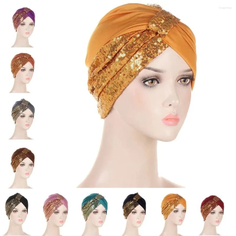 Vêtements ethniques Trendy Musulman Paillettes Turban Chapeau Femmes Hijabs Bonnet Dames Bandanas Plissé Shimmer Inde Caps Africain Head Wraps