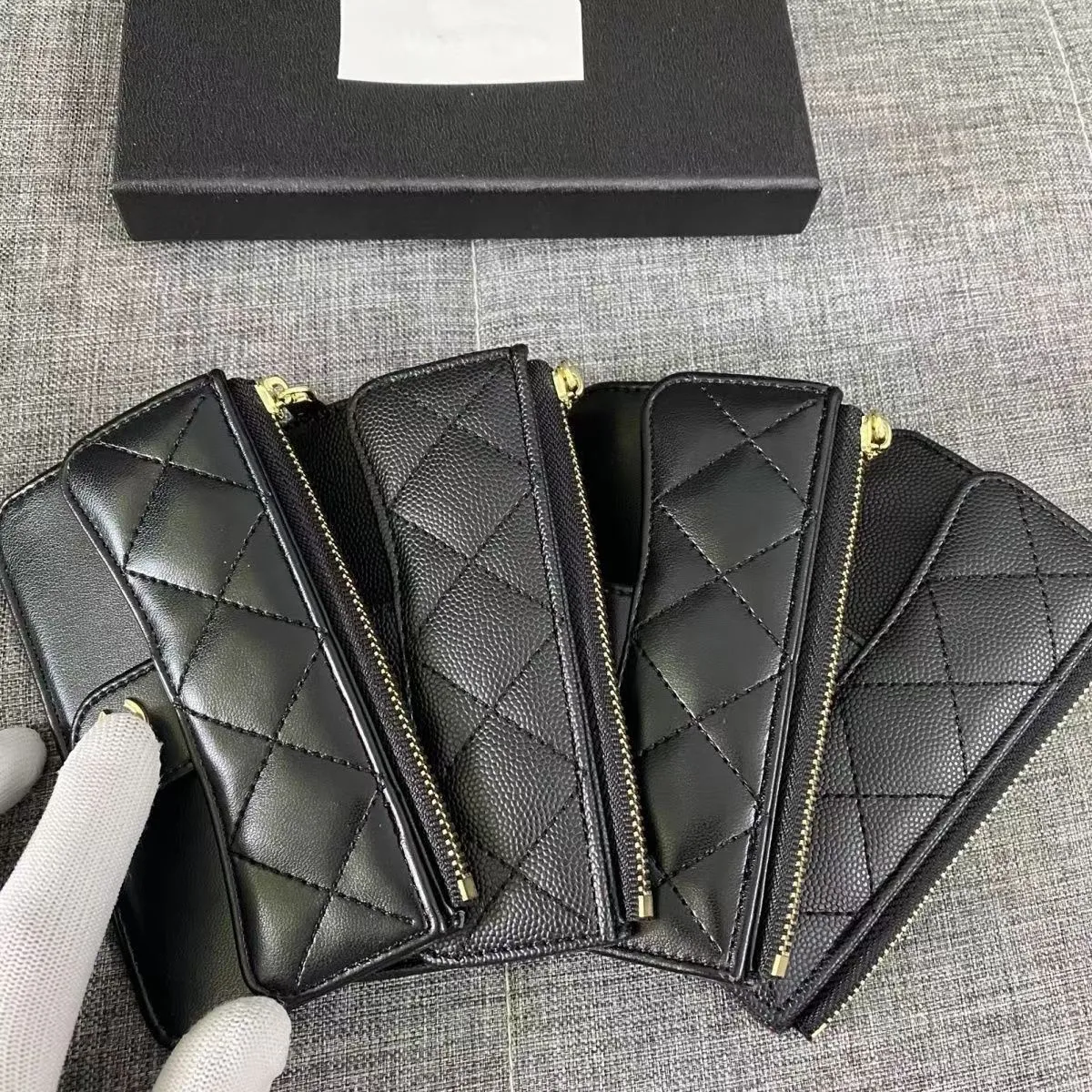 Mirror quality 10a designer black wallets real leather luxury women purses handbags purses fold card holder zipper woman clutch wallet black flip caviar purse bag