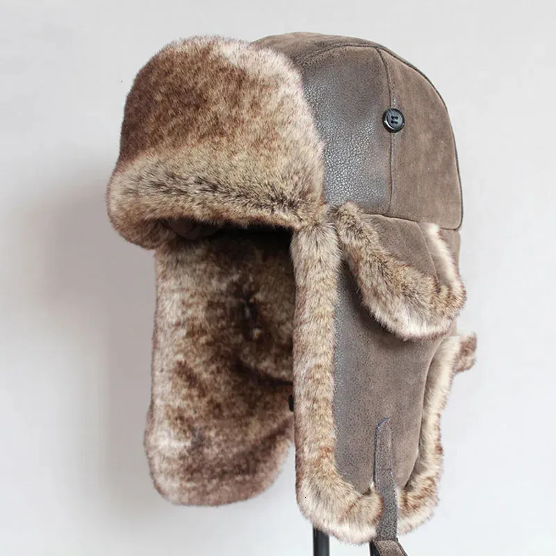 Bomber Chapéus Inverno Homens Quente Russo Ushanka Chapéu com Aba de Orelha Pu Couro Fur Trapper Cap Earflap para Mulheres 231225