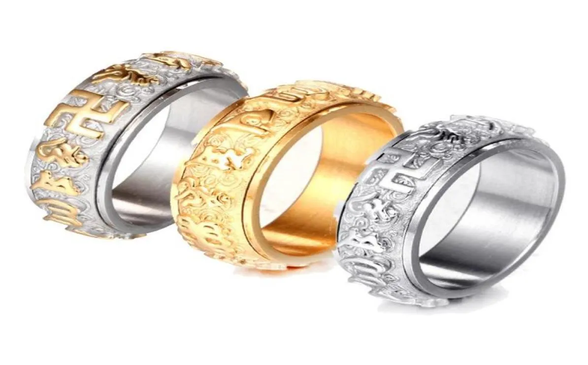 Sanskriet Boeddhistische Mantra Ring Voor Mannen Vrouwen Draaibaar Goud Zilver Kleur 316L Roestvrij Staal Boeddhisme Sieraden Drop Band Ringen4399688