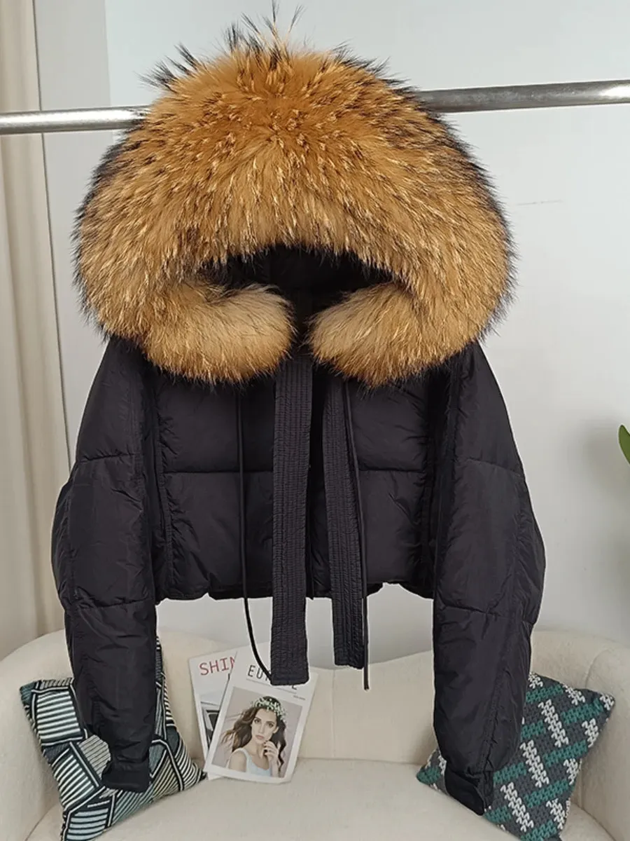 Eendendons Losse Winterjas Vrouwen Echt Vossenbont Wasbeer Bontkraag Capuchon Dikke Warme Streetwear Bovenkleding Afneembare 231226