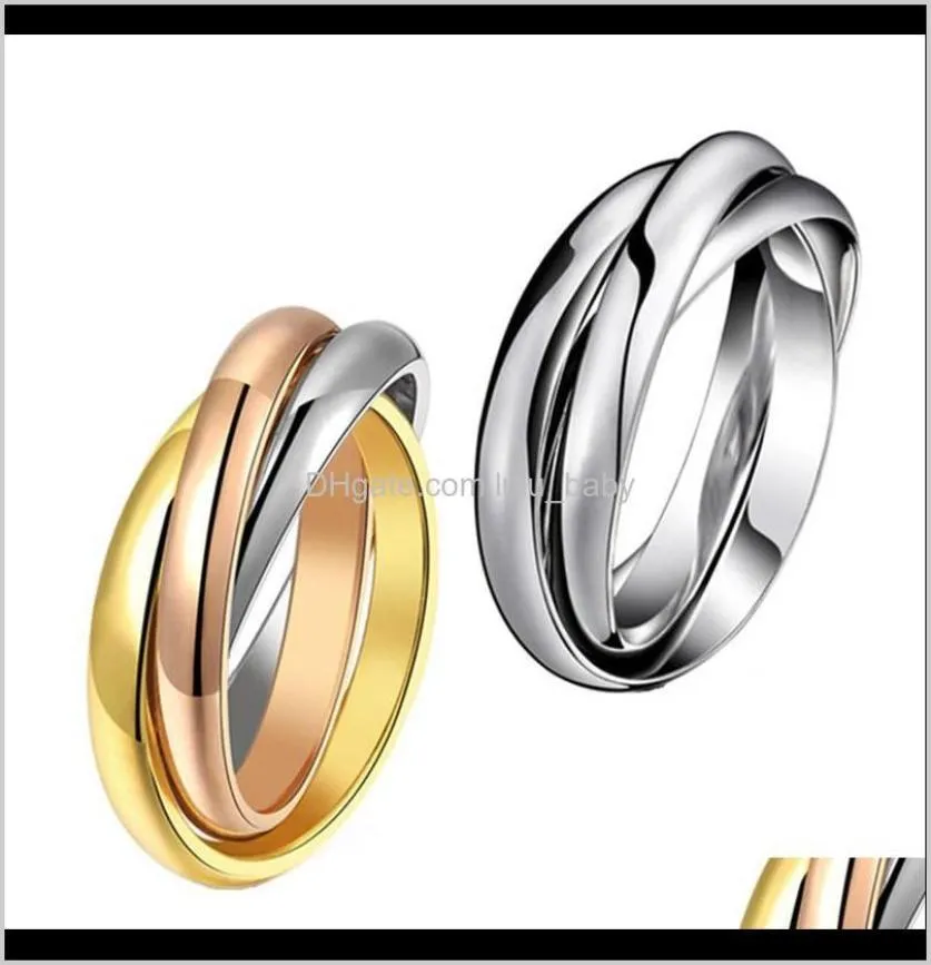 Bandringen Droplevering 2021 Geel Rose Goud Sierkleuren 3 Cirkels Vingerring Voor Vrouw Man Bruiloft Sieraden 316L Roestvrij Stee6088460