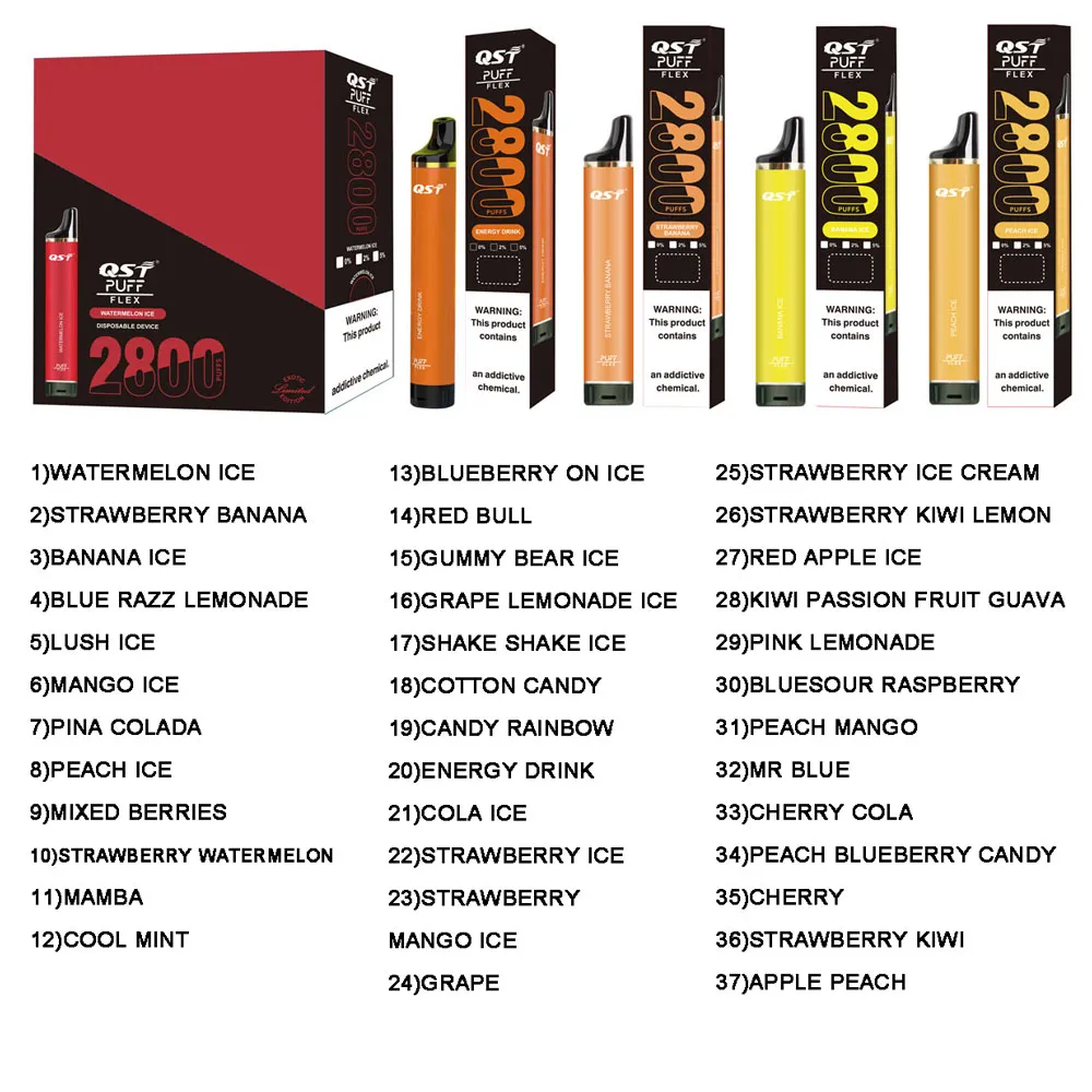Popüler 2800 Puffs Puff Flex 2800 QST 0% 2% 5% Vape Flex Tesis edilebilir Vapes E-Cigarette