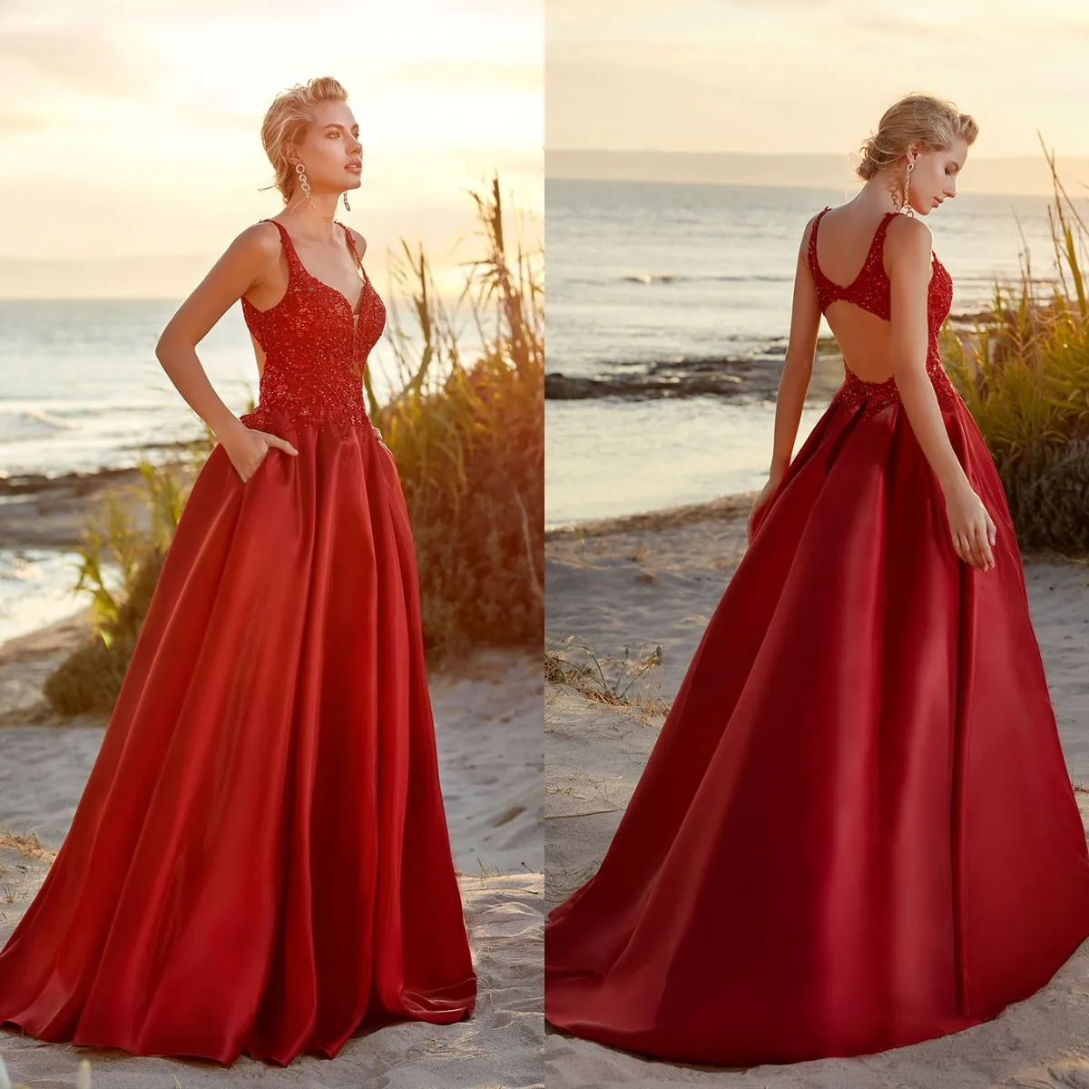 Gorgeous Red Prom Dresses Open Back Beaded Appliqued V Neck Party Gowns For 2024 Women Sexy Satin Sweep Train Evening Dress