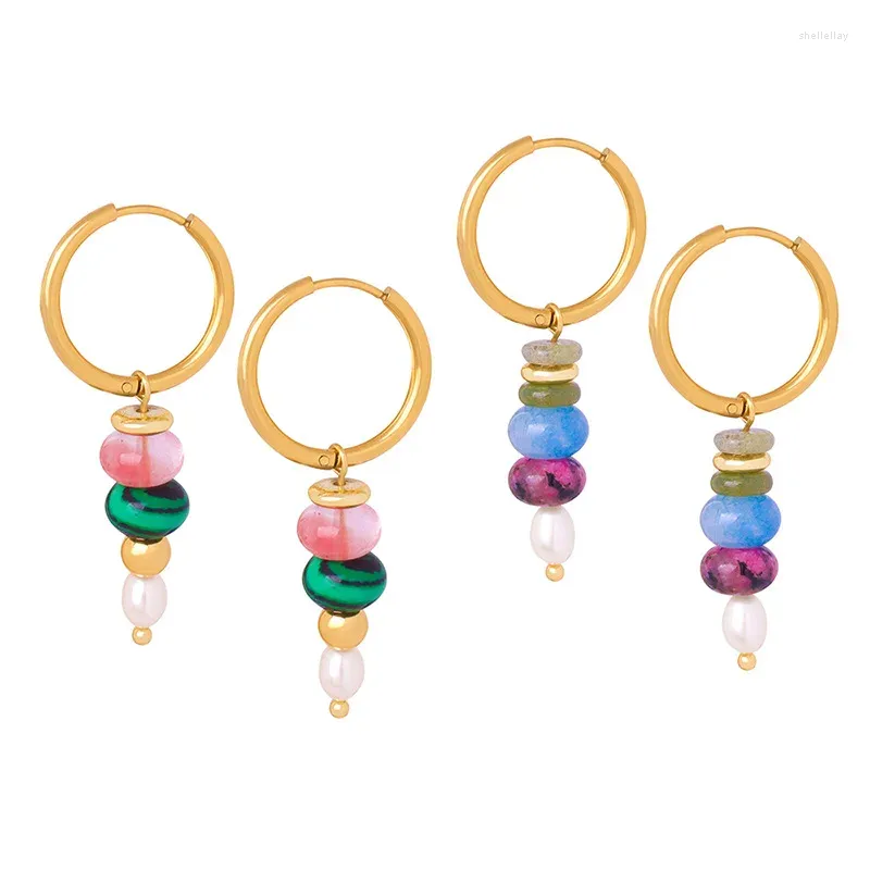 Hoopörhängen Allme Chic Multicolor Natural Stone Agate Freshwater Pearl for Women 18K Gold Pvd Plated Titanium Steel Earring