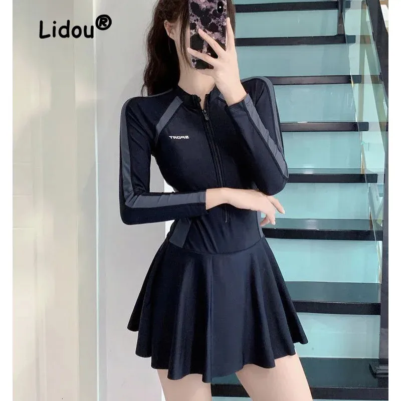 Traje de baño de una pieza con cremallera de manga larga para mujer, traje de baño conservador, fino, ligeramente gordo, sexy, negro, exclusivo, traje de baño para piscina 231225