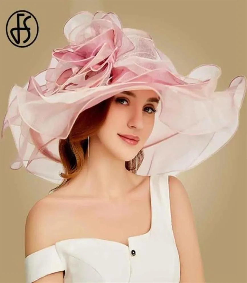 FS 2019 Pink Kentucky Derby Hat for Women Organza Sun Hats Flowers Elegant Summer Stora Wide Brim Ladies Wedding Church Fedoras Y27685793
