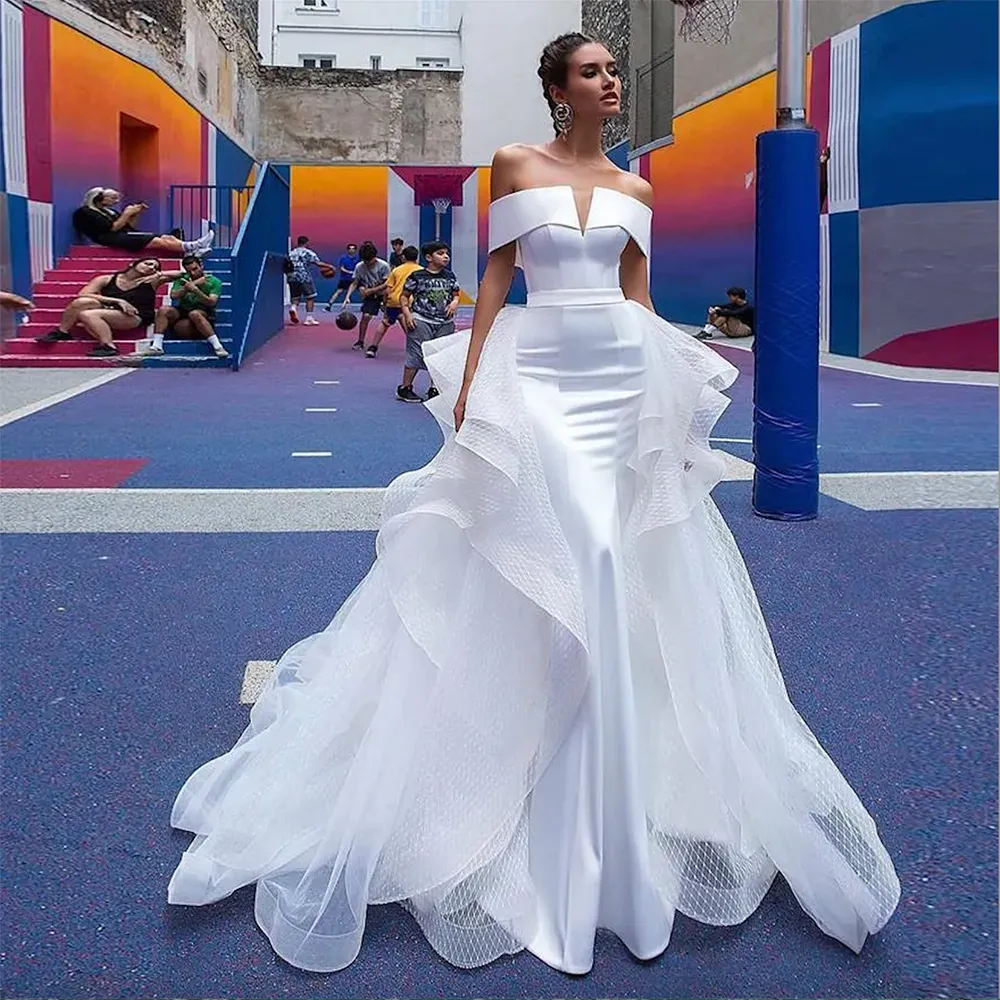 Detachable Stunning White Dresses Off Shoulder Cascading Ruffles Satin Wedding Gown Sweep Train Chapel Bridal Dress