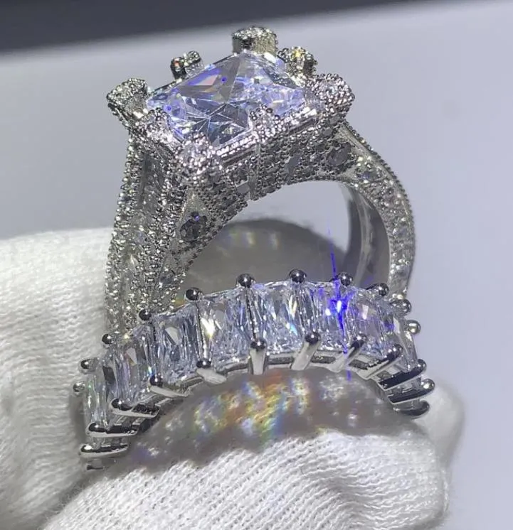 Wholebrand Yeni Vintage Moda Takı 925 STERLING Gümüş Prenses Kesim Beyaz Topaz CZ Diamond Kadın Düğün Gelin Yüzük Seti 6999112