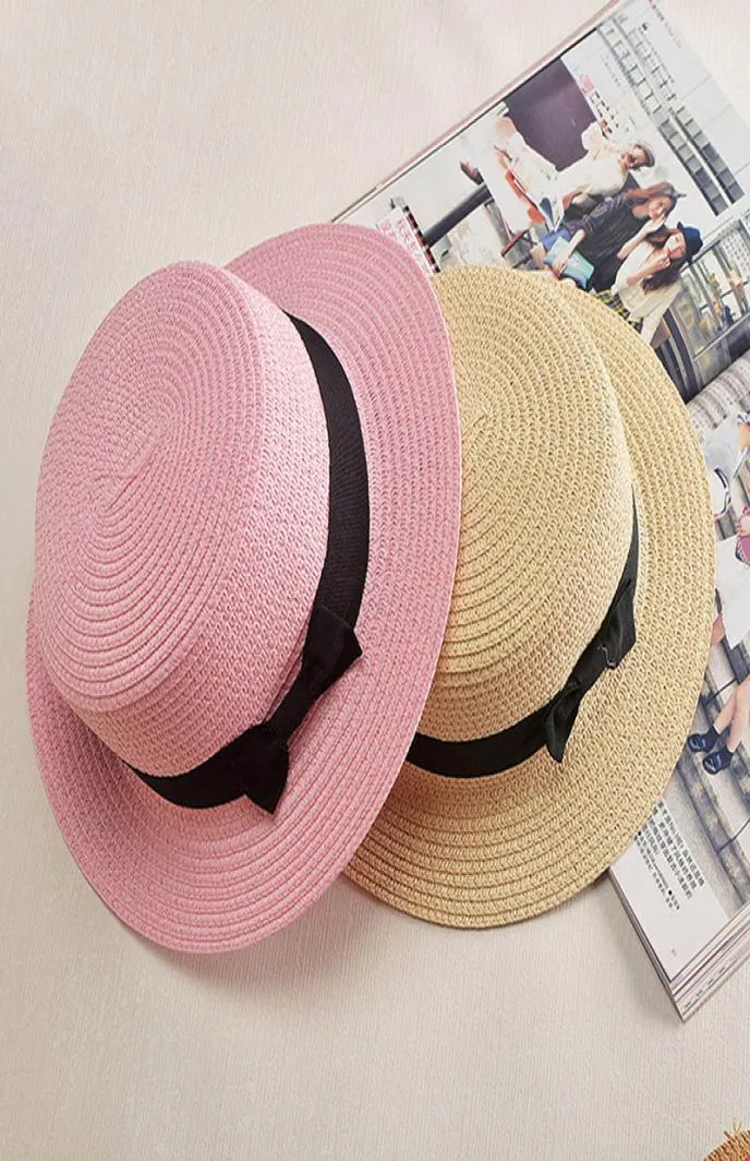 Boater Sun Caps Ribbon Round Flat Top Straw Beach Hat Panama Hat Summer Hats For Women Straw Hat Snapback Gorras6462883