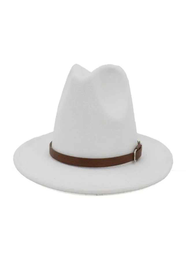 Européen américain femmes hommes laine artificielle feutre Fedora chapeaux avec bande de cuir café large bord Panama Jazz casquette blanc noir grande taille 6146283