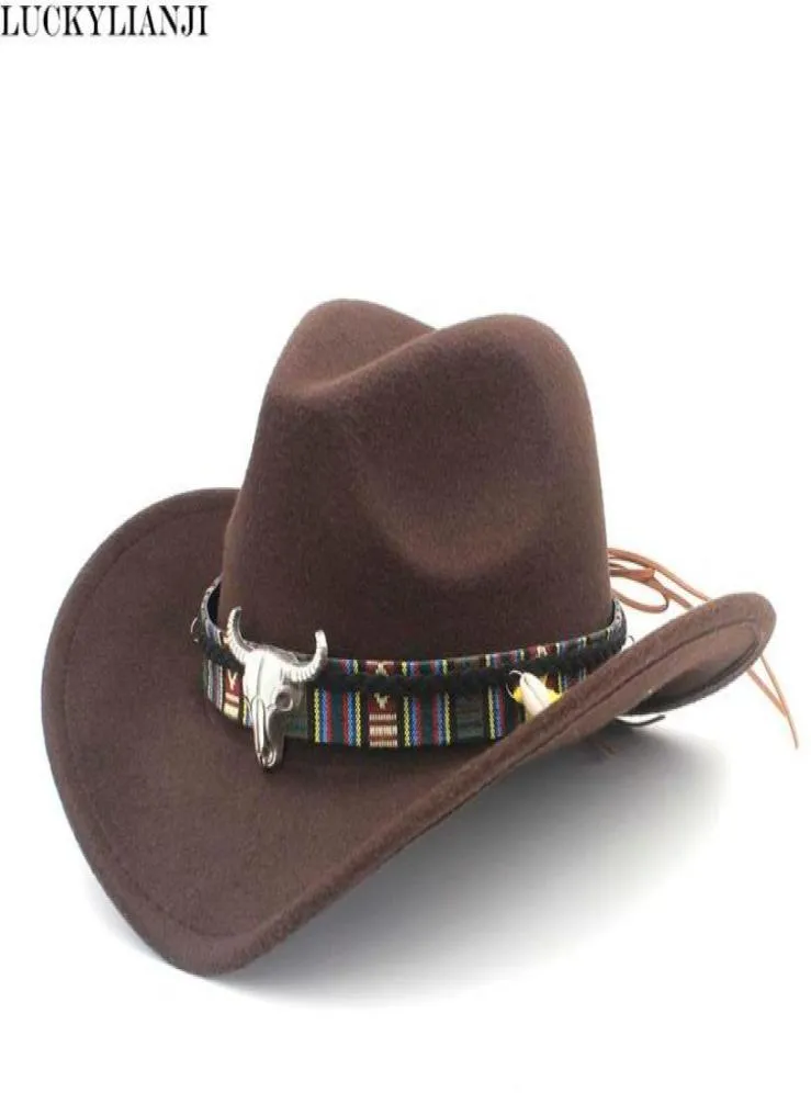 LUCKYLIANJI Enfant Enfant Garçon Fille Laine Feutre 100 Western Cowboy Chapeau À Large Bord Cowgirl Tête De Vache Bande En Cuir Taille Unique54cm7217607