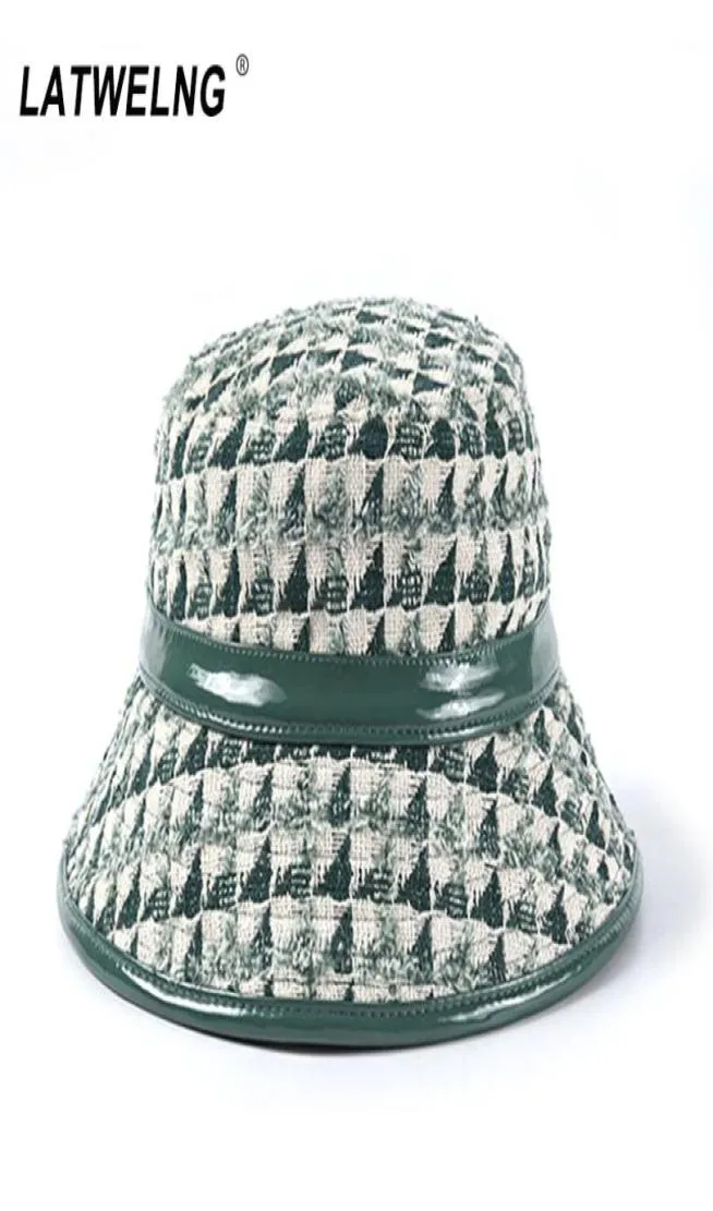 Sombreros de cubo de Tweed de diseñador vintage para mujer Moda Otoño Invierno Sombrero UV Gorras a cuadros para mujer con costuras de PU 3 colores enteros T77176825071