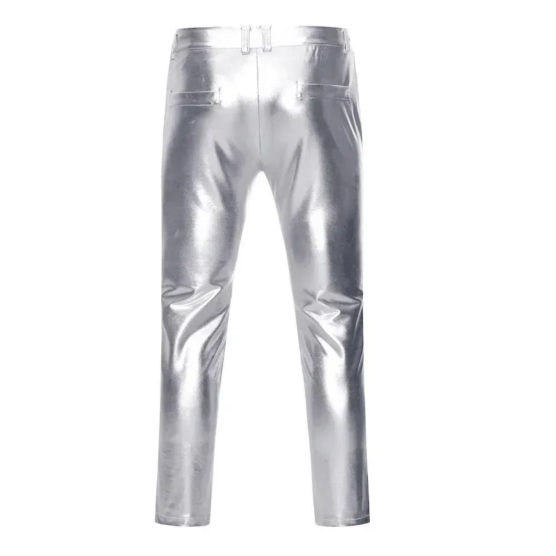 Metallic Perform Nachtclub Merk Lederen Podium Voor Zangers Broeken Motorcycle Coated Gold Skinny Broek Glanzende Mannen 231225