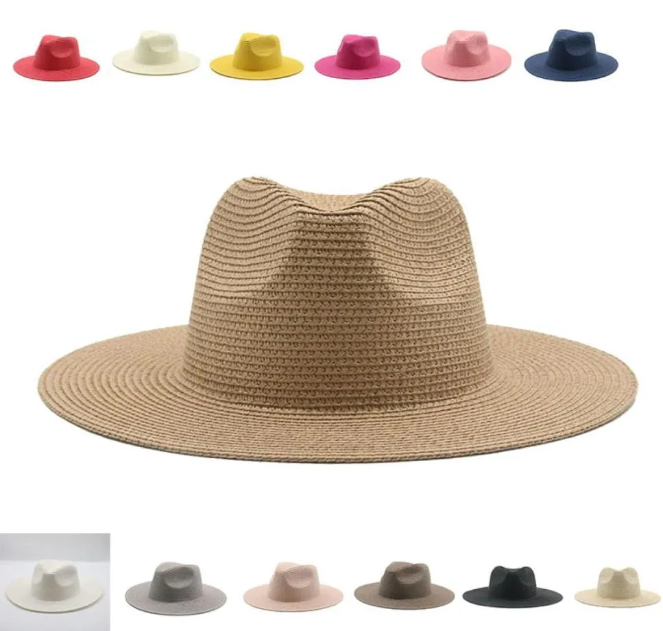 Sommarkvinnor Män breda Brim Solid Jazz Sun Straw Fedora Hats Outdoor Beach Travel UV Protective Handmade9180159