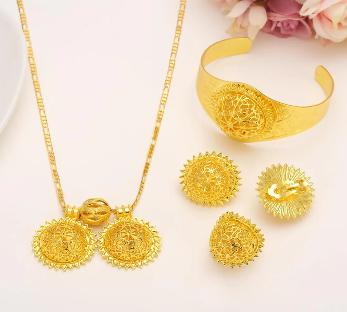 Värdefull 24k Real Solid Fine Gold Filled Big Twin Pendant älskvärda leende ansikte bröllop smycken sätter tunga lyxiga brud Romanti5697891