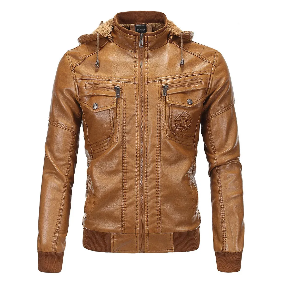 Повседневная мотоциклетная кожаная куртка Мужская зимняя флисовая теплая куртка из искусственной кожи Винтажная мужская куртка-бомбер из искусственной кожи с капюшоном Мужская одежда S-3XL 231226