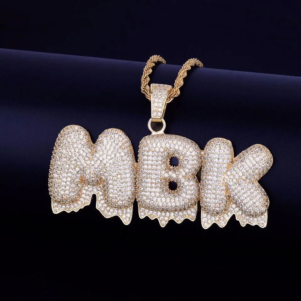 Nome personalizzato Lettere gocciolanti bianche Collane a catena Ciondolo Gioielli hip-hop con zirconi da uomo con catena in corda argento oro 4MM 20 pollici253A