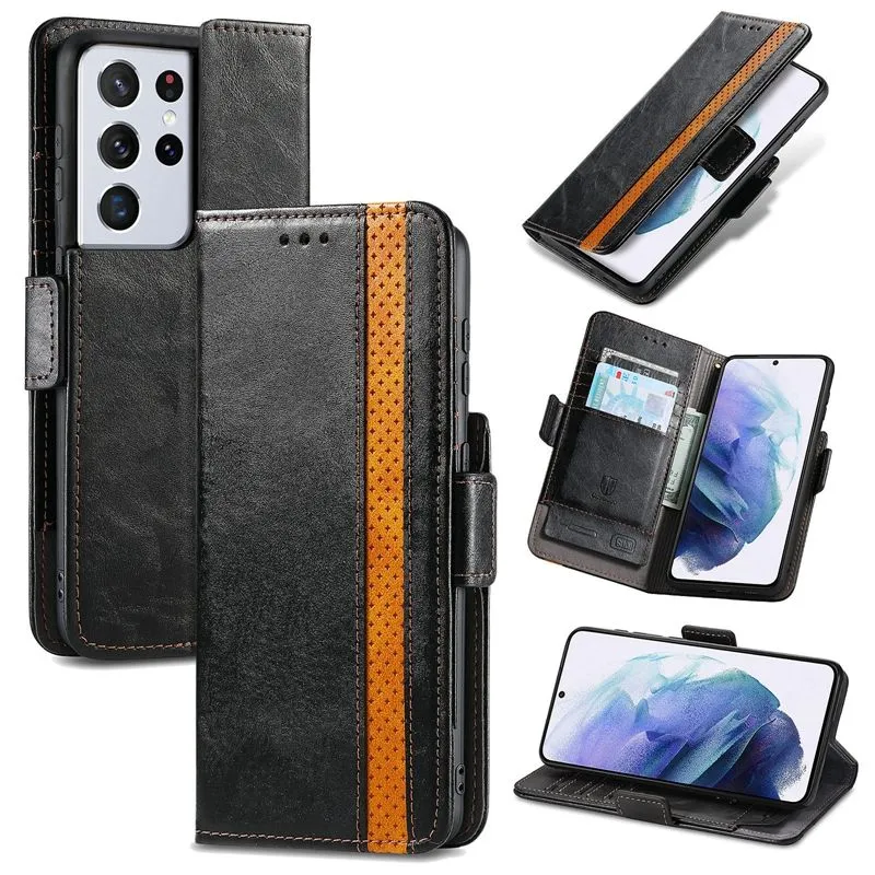 Magnetic Leather Wallet Cases For Samsung S24 Ultra Plus A15 A35 A55 A25 A05 A05S M34 S23 FE A43 Contrast Color Hybrid Hit Flip Cover Credit Card Slot Holder PU Pouch
