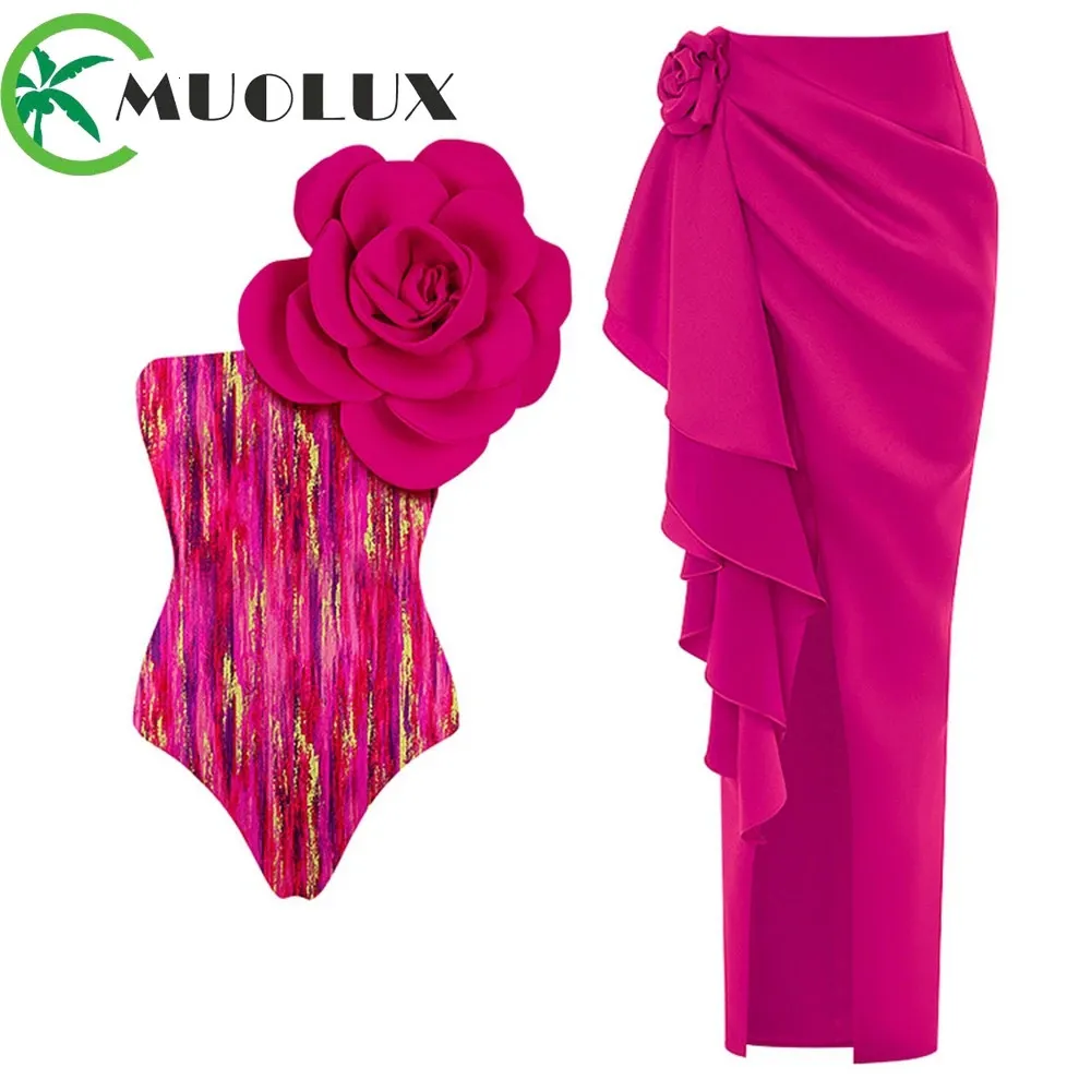 MUOLUX 2023 Hög midja Push Up Bikini Set 3D Flower Swimsuit Dres tryck 3 stycken Badkläder Ruffle Beach Bathing Suit kjol 231225