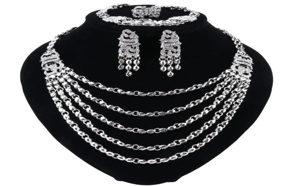 Silverpläterade smyckesuppsättningar för kvinnliga afrikanska pärlor halsband örhängen armband ringar fest bröllop brudtillbehör9019774