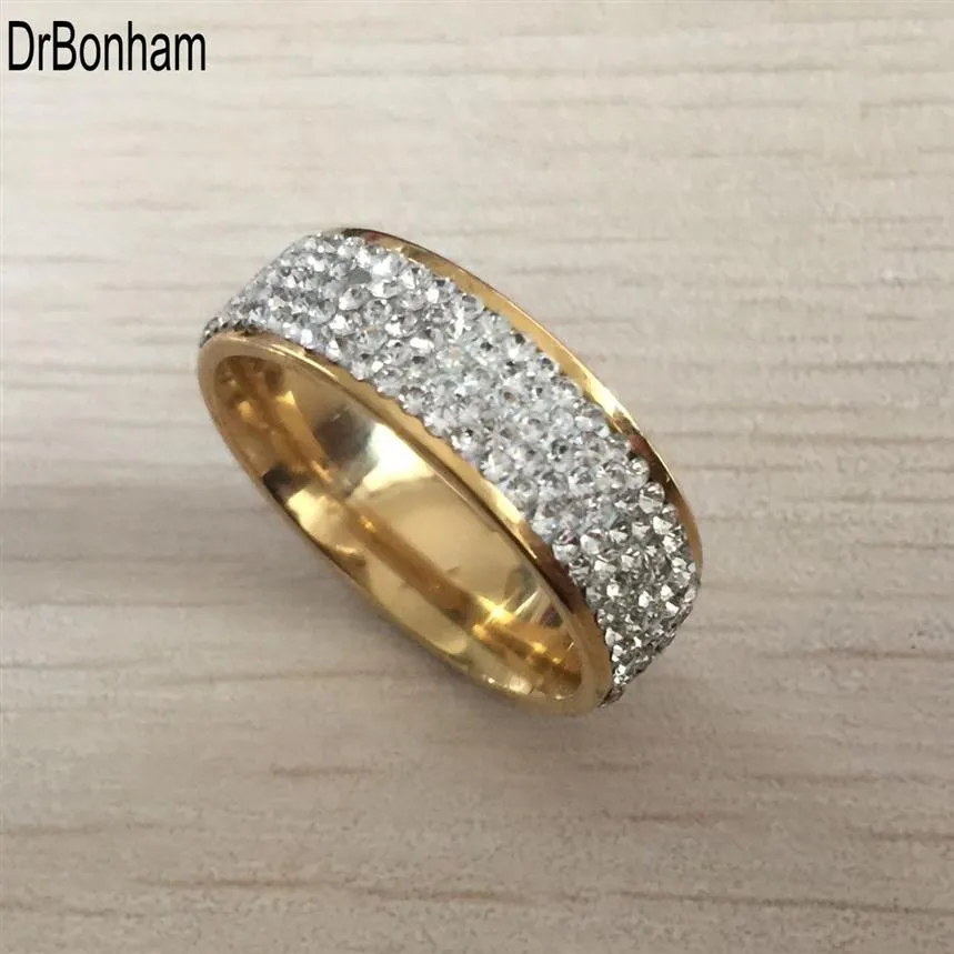 Vollständiger 5-reihiger Zirkon-Diamant-Schmuck, ganz goldfarbene Eheringe aus Edelstahl, USA, Größe 7 8 9 10 11 12270j