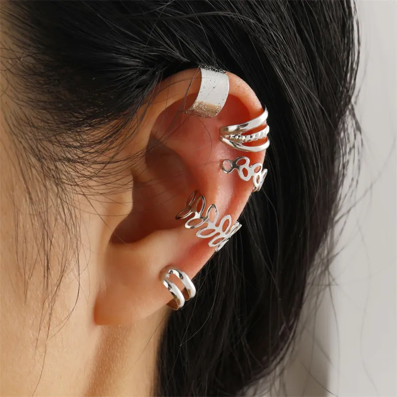 Nouveau Simple sans Piercing boucle d'oreille 5 pièces/ensemble oreille os pince boucles d'oreilles pour les femmes Vintage or évider multicouche C forme boucle d'oreille
