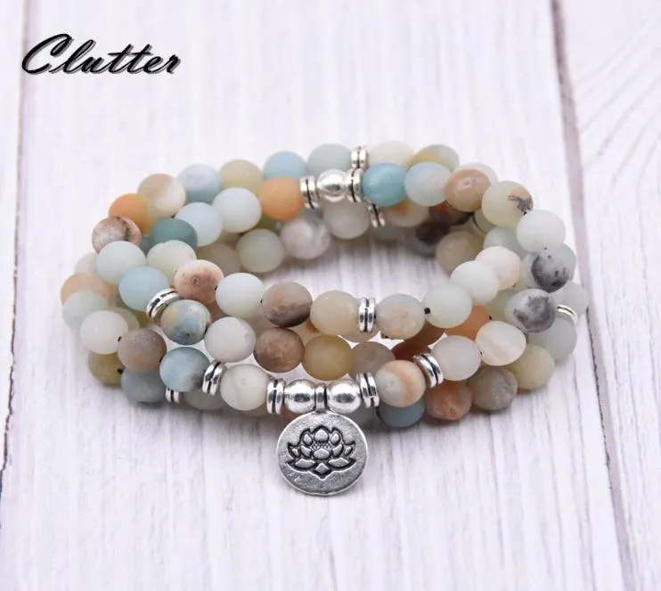 Fashion Womens Matte Amazonite 108 Mala Beads Bracelet Or Necklace High Quality Lotus Charm Design Yogi Beaded Strands5384827