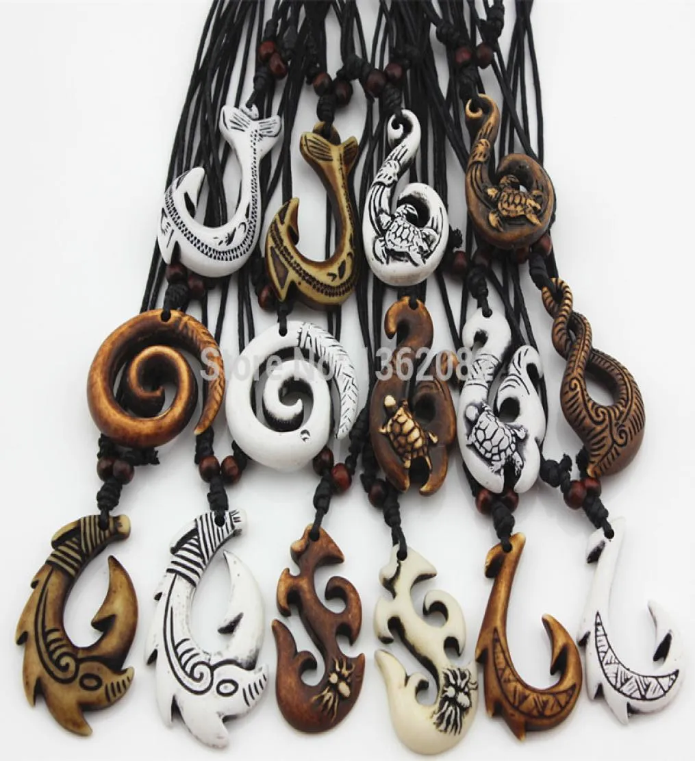 15pcslot Mixed Hawaiian Jewelry Imitation Bone Carved NZ Maori Fish Hook Pendant Necklace Choker Amulet Gift YN5423266628