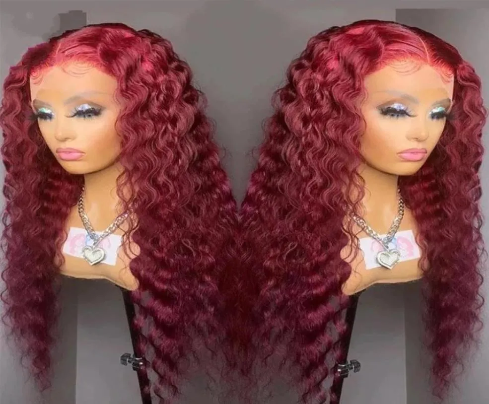 Fashion Red Curly Lace Front Brazilian Human Hair Wigs Deep Wave Synthetic Wig Glueless Pre Plucked Cosplay Party4268590