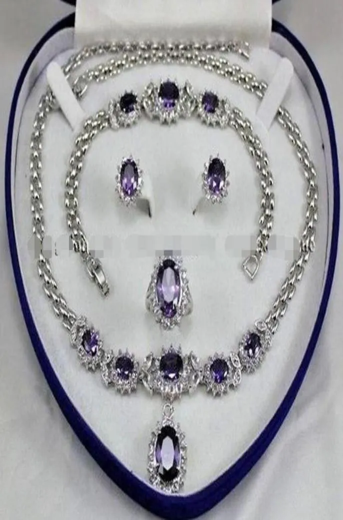 BeautifulAmethyst Inlay Link Bracelet earrings Ring Necklace Set8913776