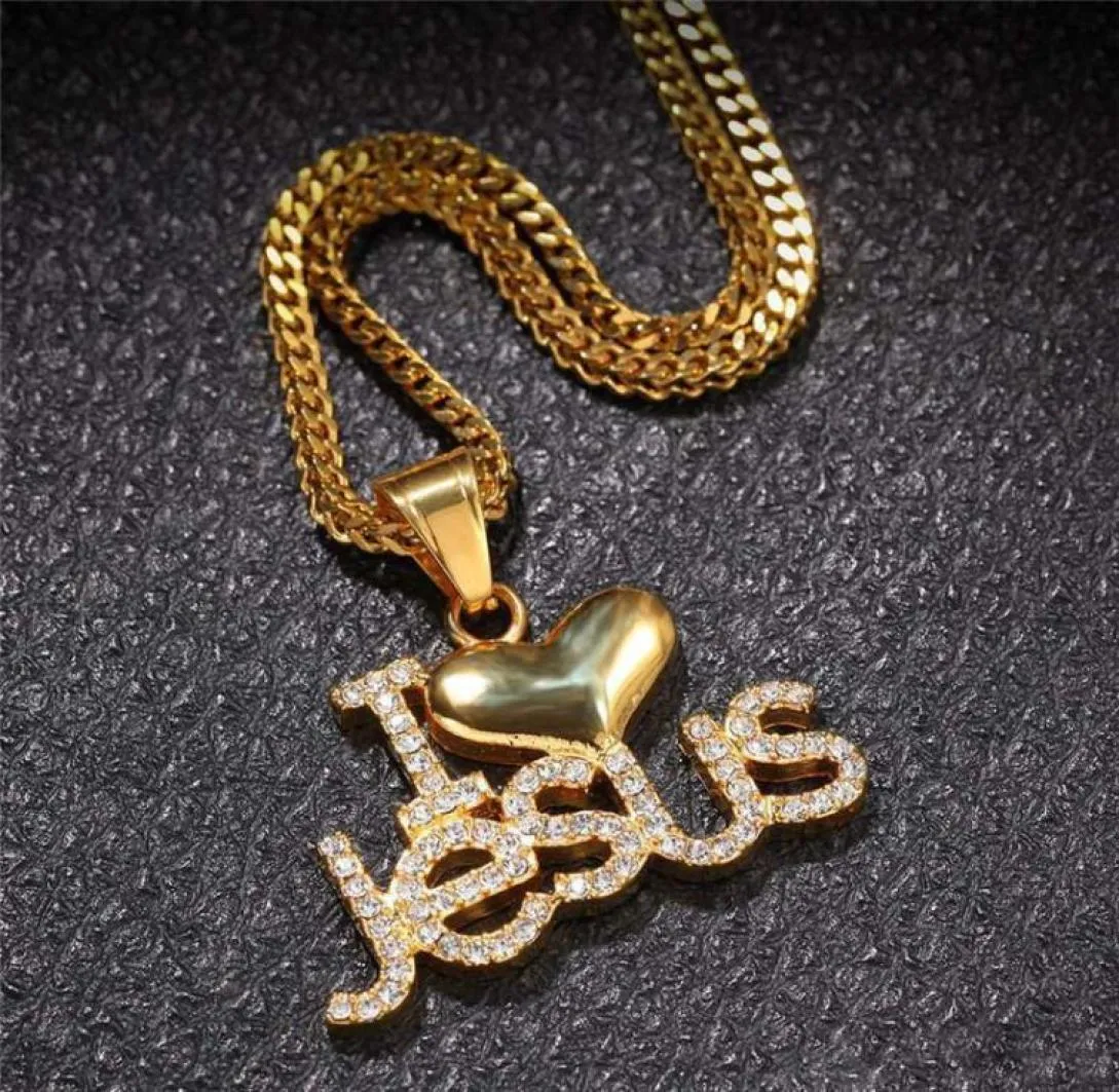 Bling Cubic Zirconia Jesus Pendant Necklace For Men Iced Out Gold Plated Letters Halsband Mens Gold Hip Hop Designer Brand Jewelr5911272