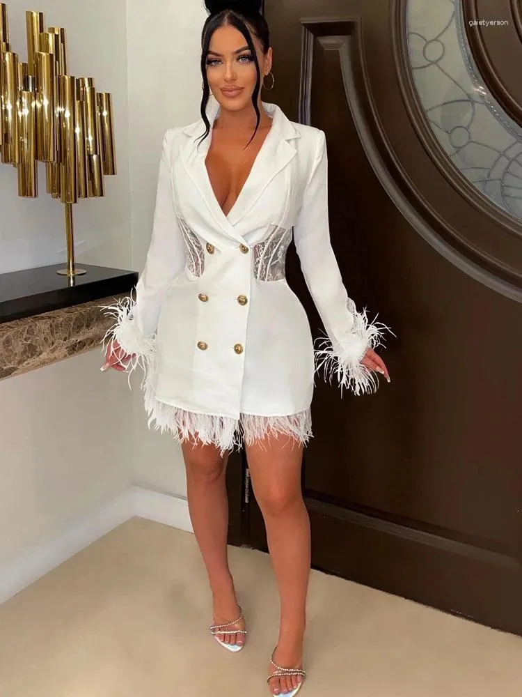 Casual Dresses 2023 Legant White Lace Insert Feather Trim Dress Glam Long Sleeve Button Corset Blazer Party Sexy Clubwear