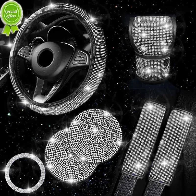 Decorations New Bling Car Accessories 5 Color Diamond Car Steering Wheel Cover Seat Belt Cushion Shift Knob Cover Push Start Button Decor Suit