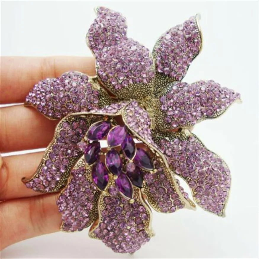 Estilo vintage broche roxo strass cristal orquídea flor broche pino moda mulher flor broches jóias316h