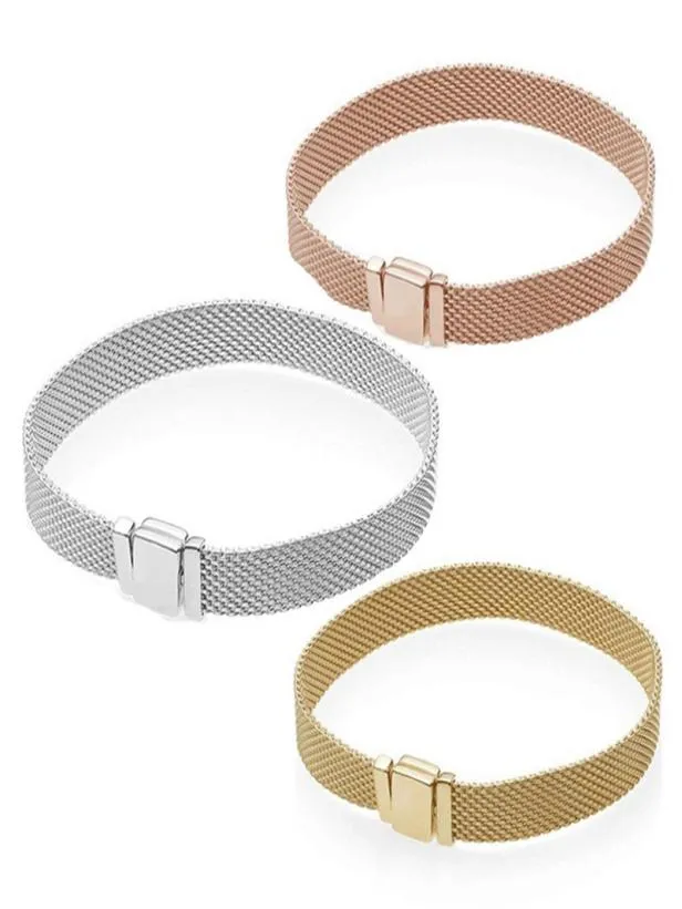 S925 Silber Mesh Armband Fit Europäische Perlen Reflexion Verschluss Charm Clip17-19-21cm Frühlingsblume Roségold mit Buchstaben für Frauen Schmuck Weihnachtsgeschenk8112968